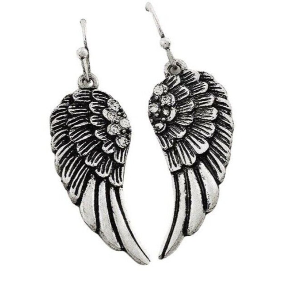 Silver Textured Coquette Rhinestone Angel Wing Bling Faith Dangle BOHO Earrings